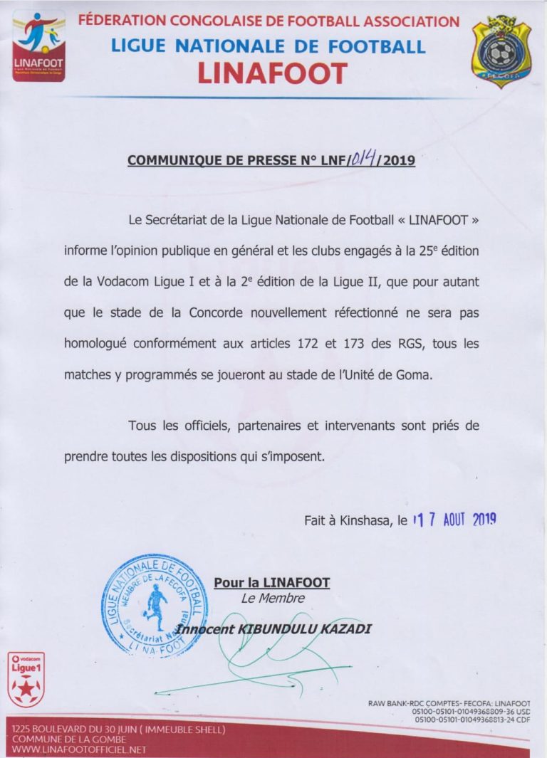 Linafoot 2019-2020: les clubs du Sud-Kivu ne vont pas utiliser le stade la Concorde