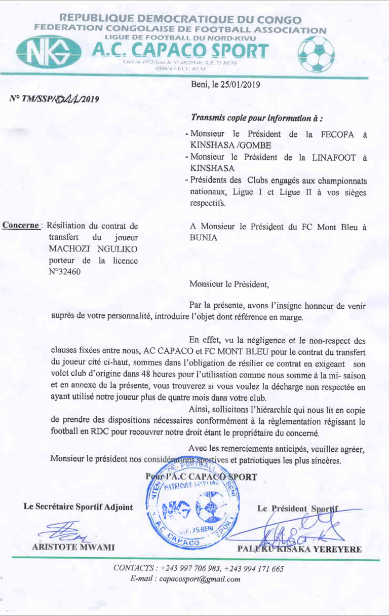 Beni: négligé par le F.C Mt Bleu, Capaco résilie le contrat de Machozi Nguliko.