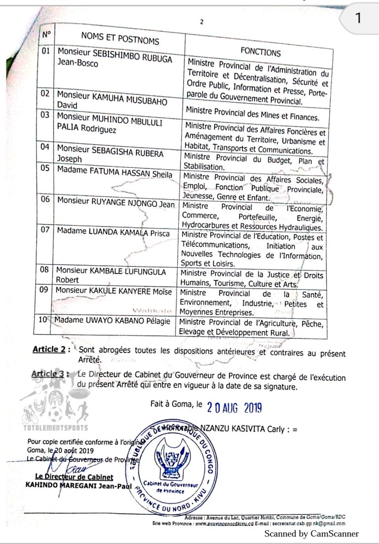 Nord-Kivu: le ministère des sports et loisirs confié à une dame