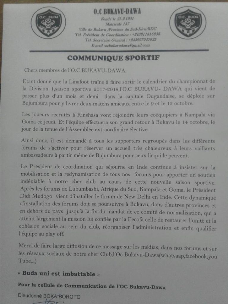 News : L'O.C Bukavu Dawa, bientôt dans une autre capitale d'Afrique pour le 2è stage