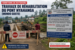 Rutshuru : le trafic suspendu temporairement sur l’axe Goma–Rutshuru pour les travaux du pont Nyahanga