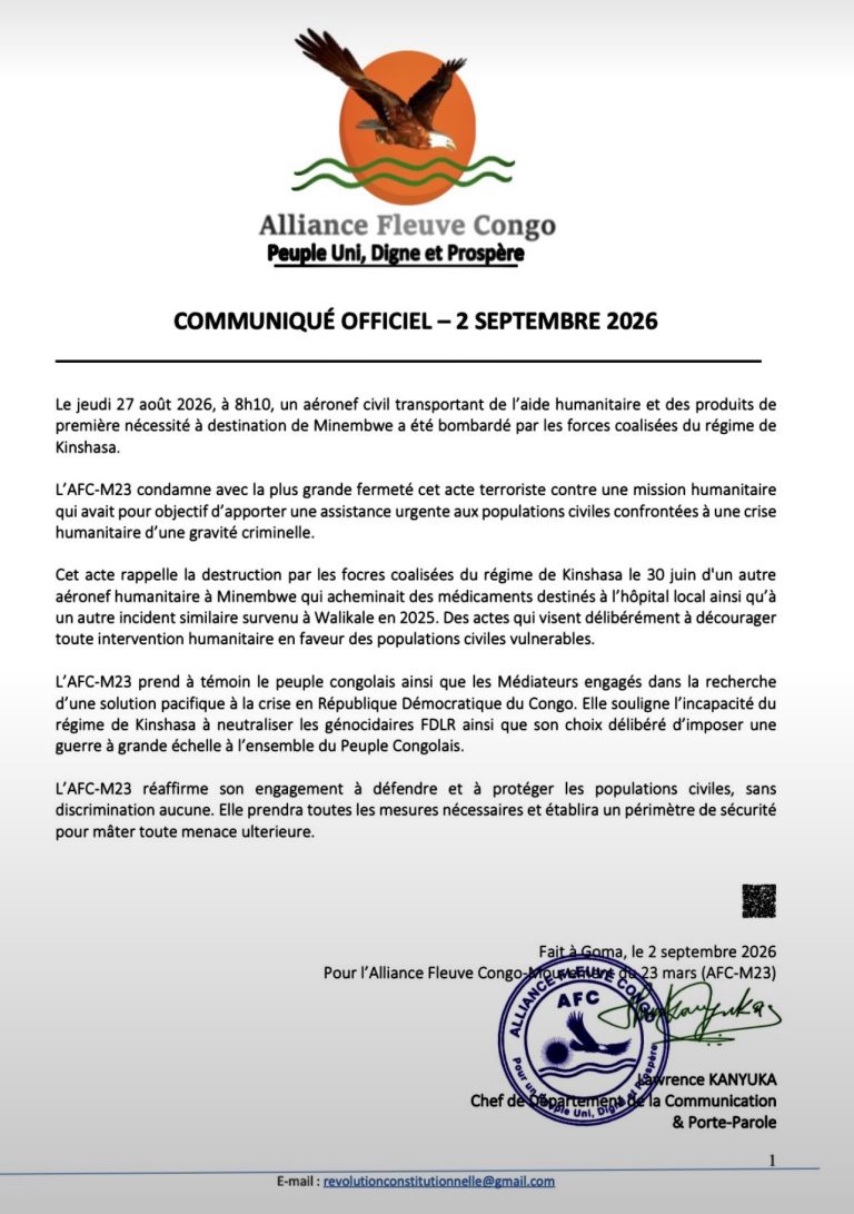 Bombardement d’un aéronef humanitaire à Minembwe : l’AFC-M23 dénonce un « acte terroriste »