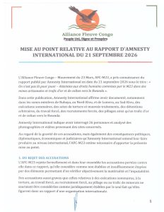 Première page de la mise au point de l’AFC/M23 relative au rapport d’Amnesty International du 21 septembre 2026. Document publié par Lawrence Kanyuka le 22 septembre 2026.