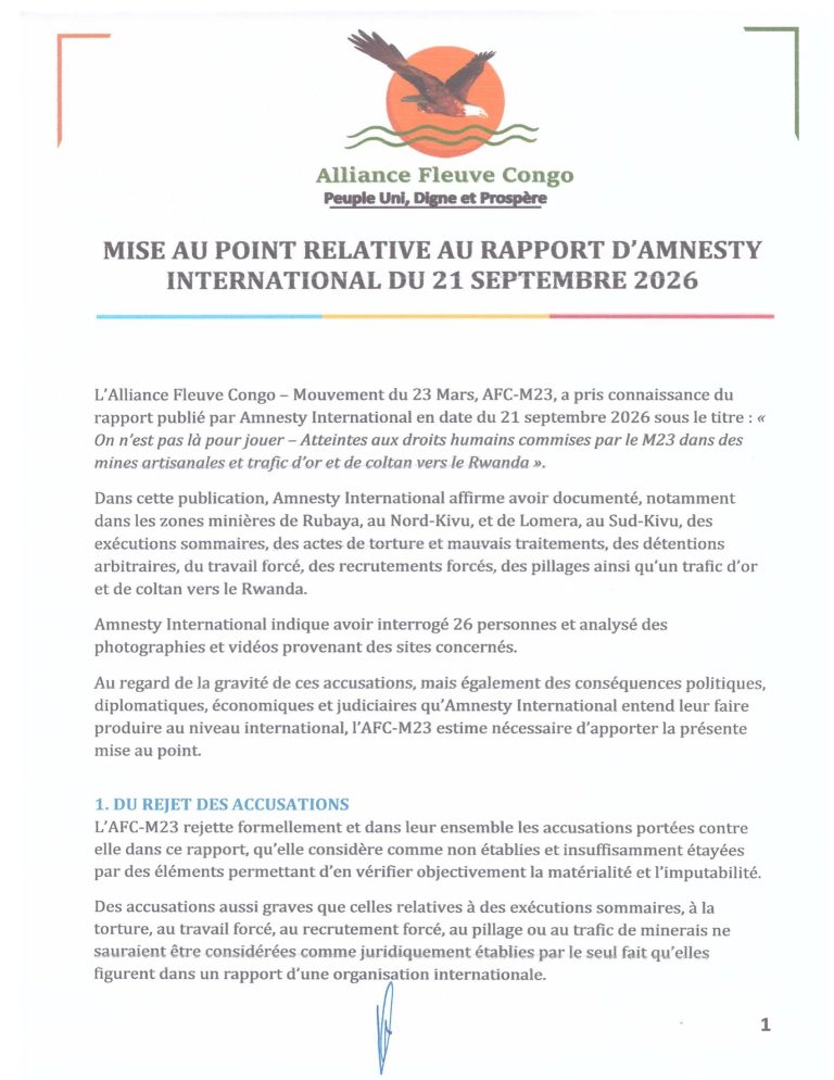 Première page de la mise au point de l’AFC/M23 relative au rapport d’Amnesty International du 21 septembre 2026. Document publié par Lawrence Kanyuka le 22 septembre 2026.