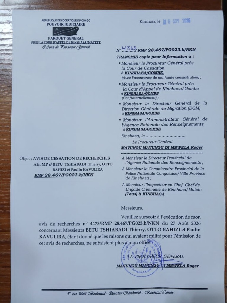 Avis de cessation de recherches n°4865/RMP 28.467/PG023.b/NKN, daté du 19 septembre 2026 à Kinshasa, signé par le procureur général Roger Mavungu Mavungu Di Mbwela. Photo TIC-TAC HEBDO.