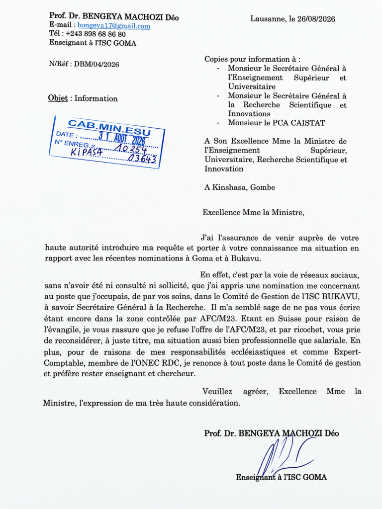 ISC-Bukavu : maintenu dans le COGE, le professeur Bengeya décline sa responsabilité une fois en Suisse et réclame son salaire