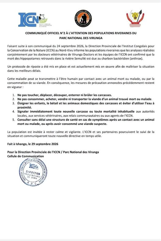 Communiqué officiel n°2 ICCN Virunga — confirmation du charbon bactéridien, Ishango, 29 septembre 2026