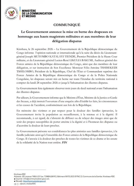 Crash de Kenge : les corps transférés à Kinshasa, drapeaux en berne dès lundi