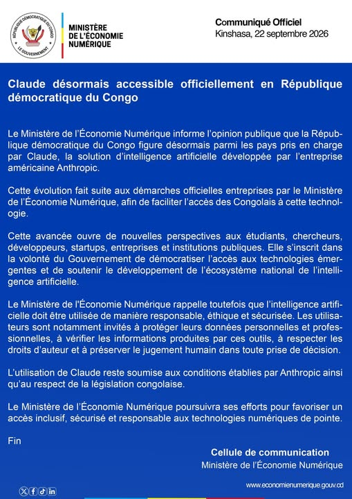 Communiqué officiel du ministère de l’Économie numérique, Kinshasa, 22 septembre 2026.