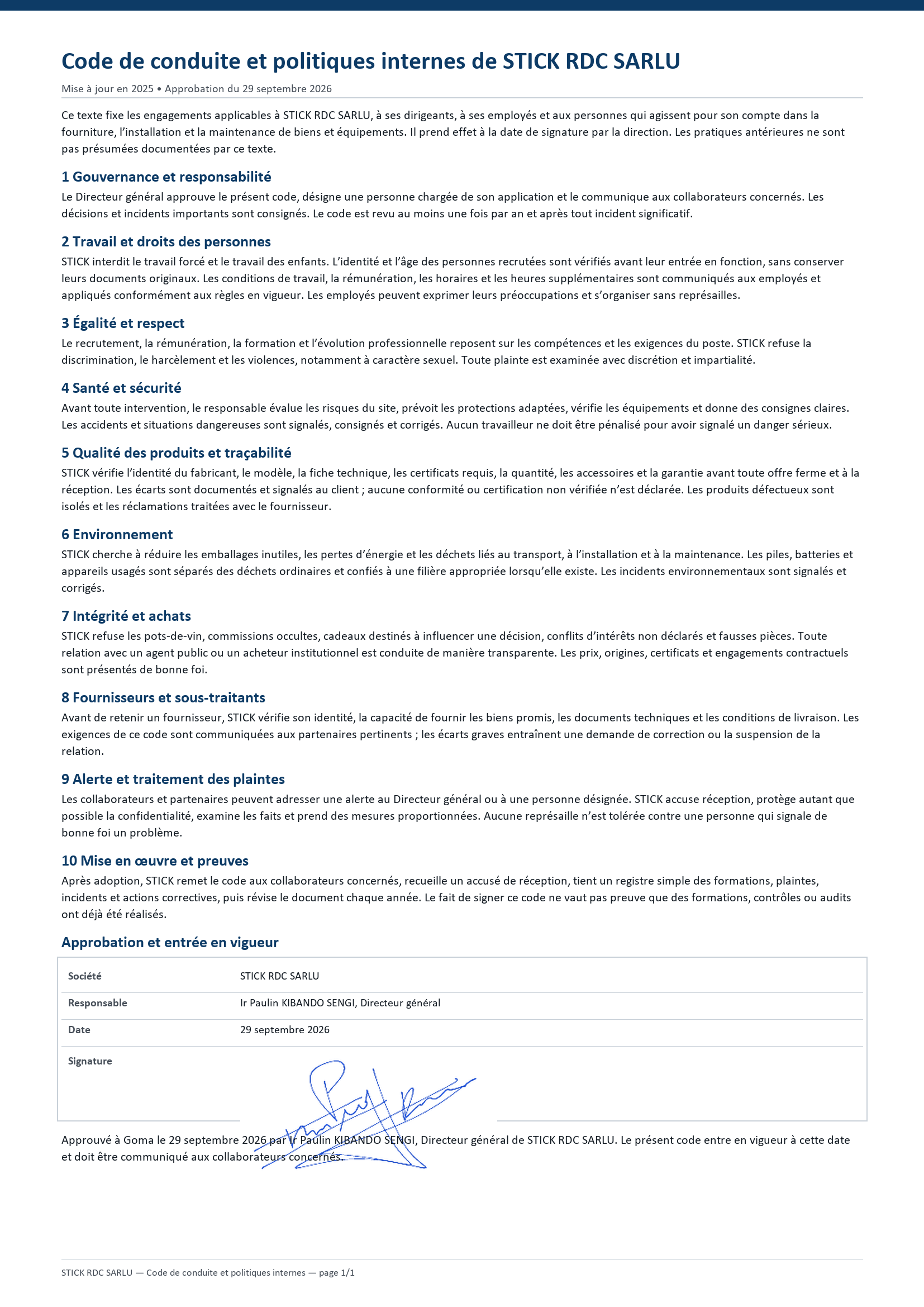 Code de conduite et politiques internes de STICK RDC SARLU — document signé du 29 septembre 2026