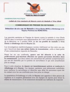 Communiqué de presse du 2 octobre 2026 — Alliance Fleuve Congo (Coordination politique, Cellule de crise sanitaire de riposte contre la maladie à virus Ebola) : détection de six cas de MVE à Alimbongo et Kayna, province du Nord-Kivu.