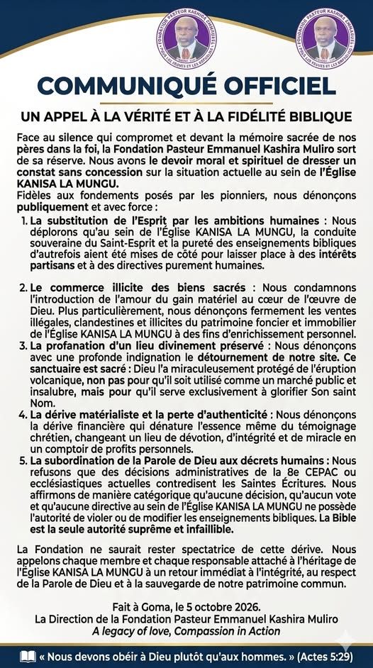 Communiqué officiel de la Fondation Pasteur Emmanuel Kashira Muliro, Goma, 5 octobre 2026