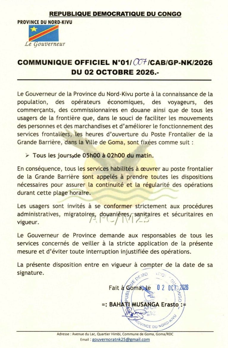 Goma et Bukavu : la Grande Barrière ouverte jusqu’à 2 h, Ruzizi 1 jusqu’à minuit