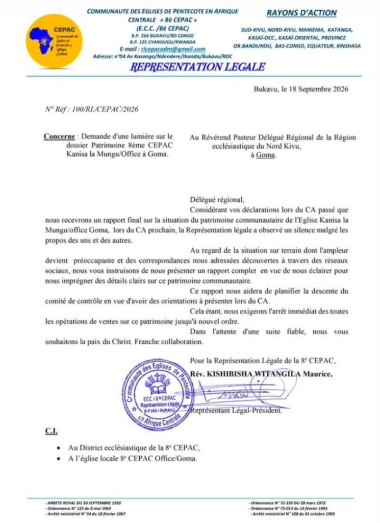 Lettre de la représentation légale de la 8e CEPAC, Bukavu, 18 septembre 2026